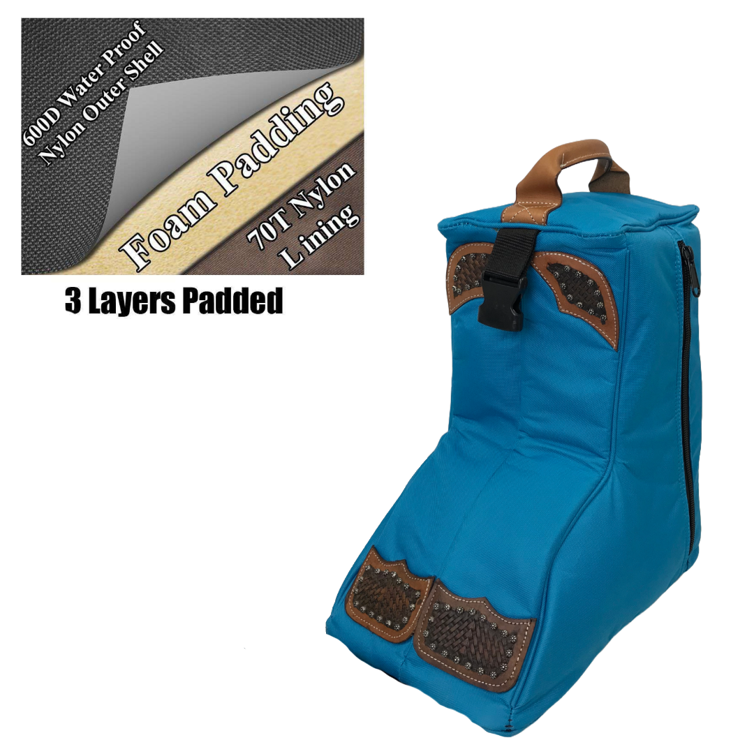 Premium Padded Western Boot Bag with Tooled Leather, Turquoise