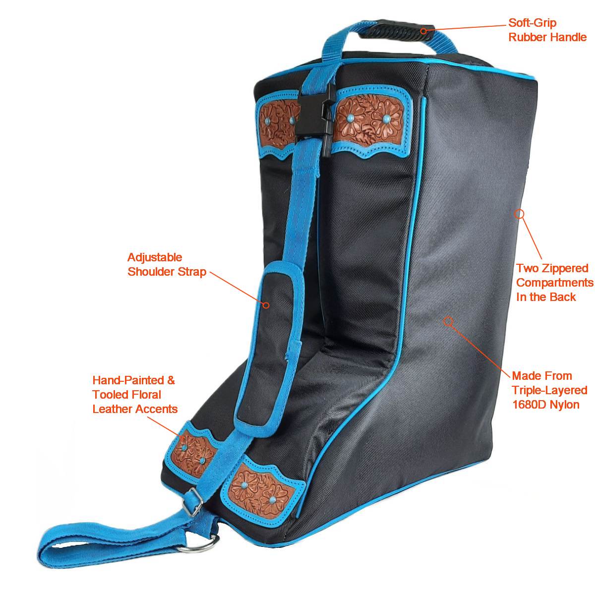 Western Boot Bag with Tooled Leather, Turquoise Flower
