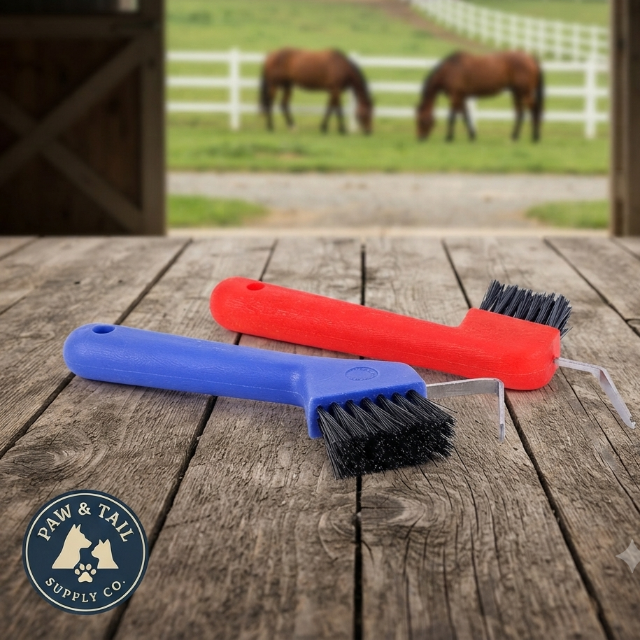 Hoof Pick with Stiff Brush, Rubber Grip, Red or Blue