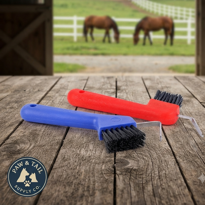 Hoof Pick with Stiff Brush, Rubber Grip, Red or Blue