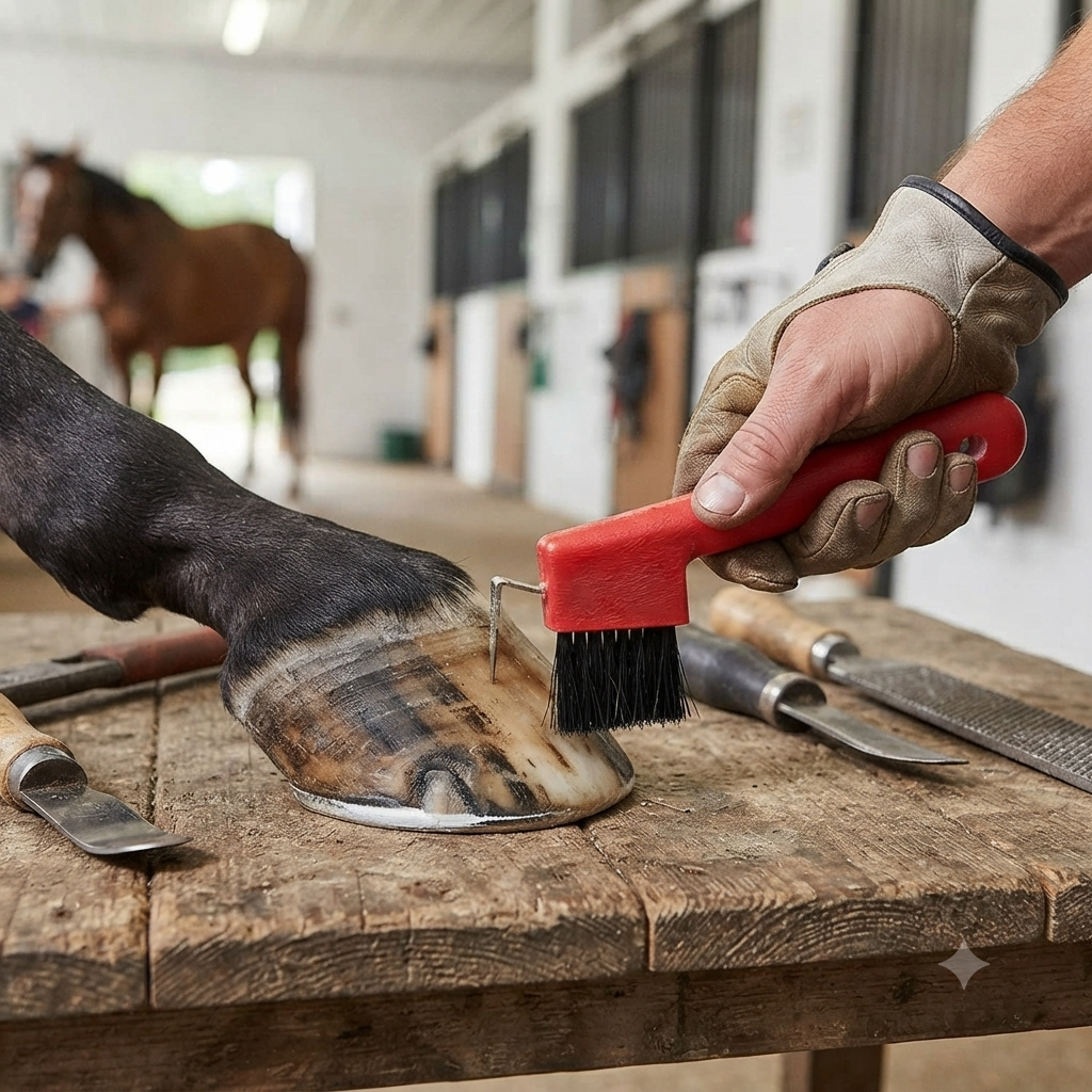 Hoof Pick with Stiff Brush, Rubber Grip, Red or Blue