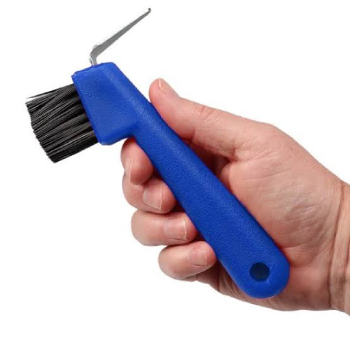 Hoof Pick with Stiff Brush, Rubber Grip, Red or Blue